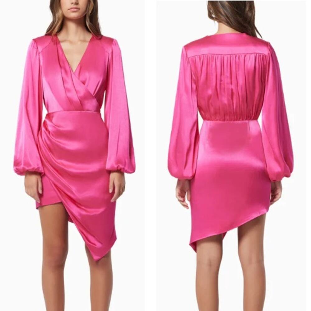 NWT Elliatt Devon Pleated V-Neck Asymmetric Mini Dress Fuchsia Women's Size XS